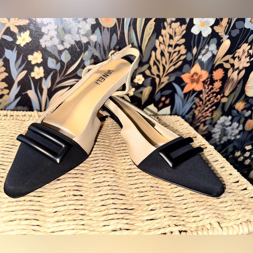 VANELi Womens Tady Pointed Toe Slingback Pumps Dress Casual Low Heel Black Beige